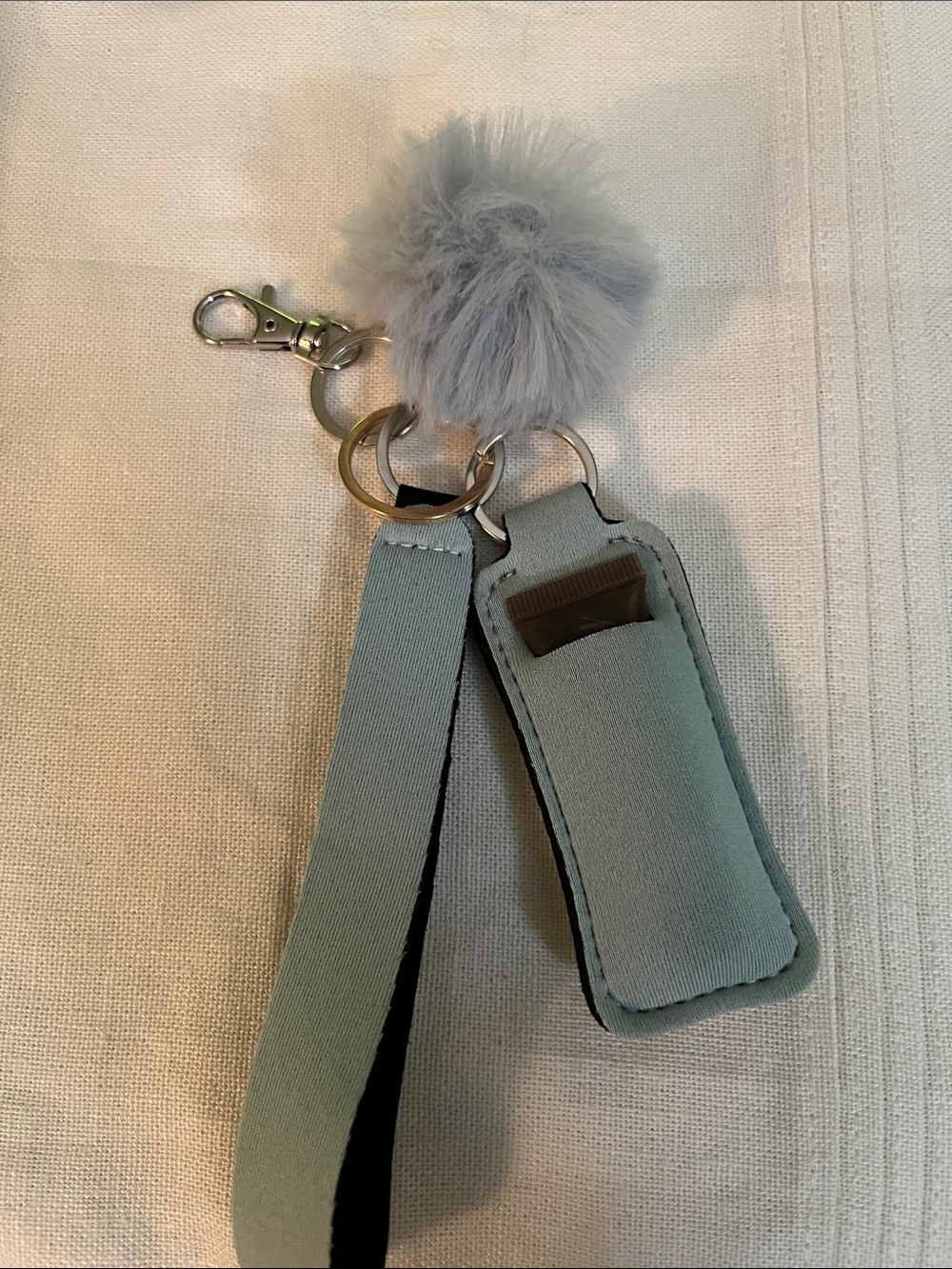 Gray Faux Fur Pom Keychain & Lip Balm  Holder Strap